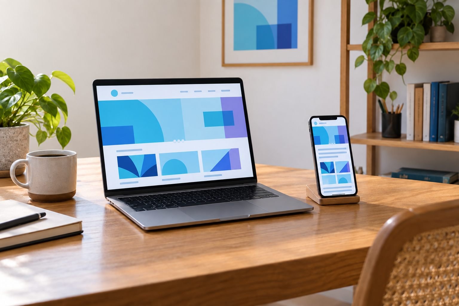 Imagem ilustrativa de notebook e celular em uma mesa de criação de sites